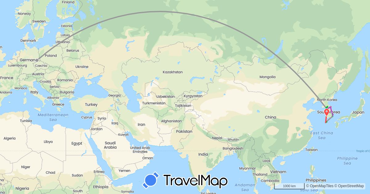 TravelMap itinerary: driving, bus, plane, cycling, train, hiking in Germany, South Korea (Asia, Europe)
